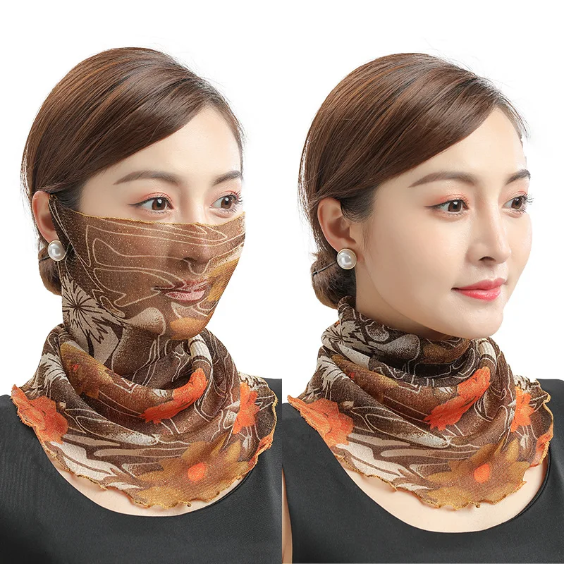 Summer New Face Mask Neckerchief Women Print Thin Scarf Sunscreen Soft Lady Three Usage Neck Collar Pullover Scarves Headbands 5