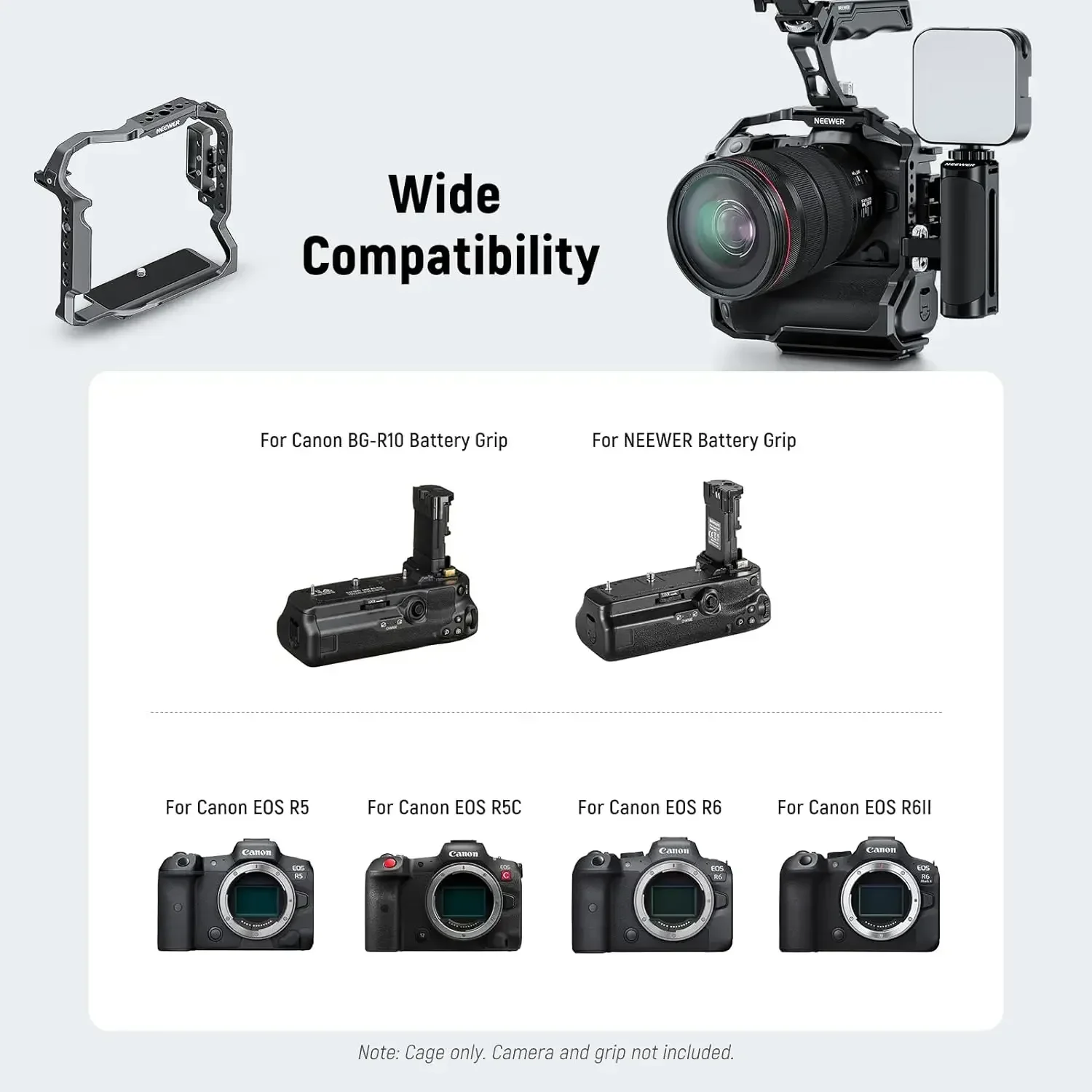 2026년형 NEEWER 카메라 케이지 (EOS R5, R5 C, R6, R6 II 및 BG-R10 배터리 그립용) HDMI 케이블 클램프와 콜드슈 포함
