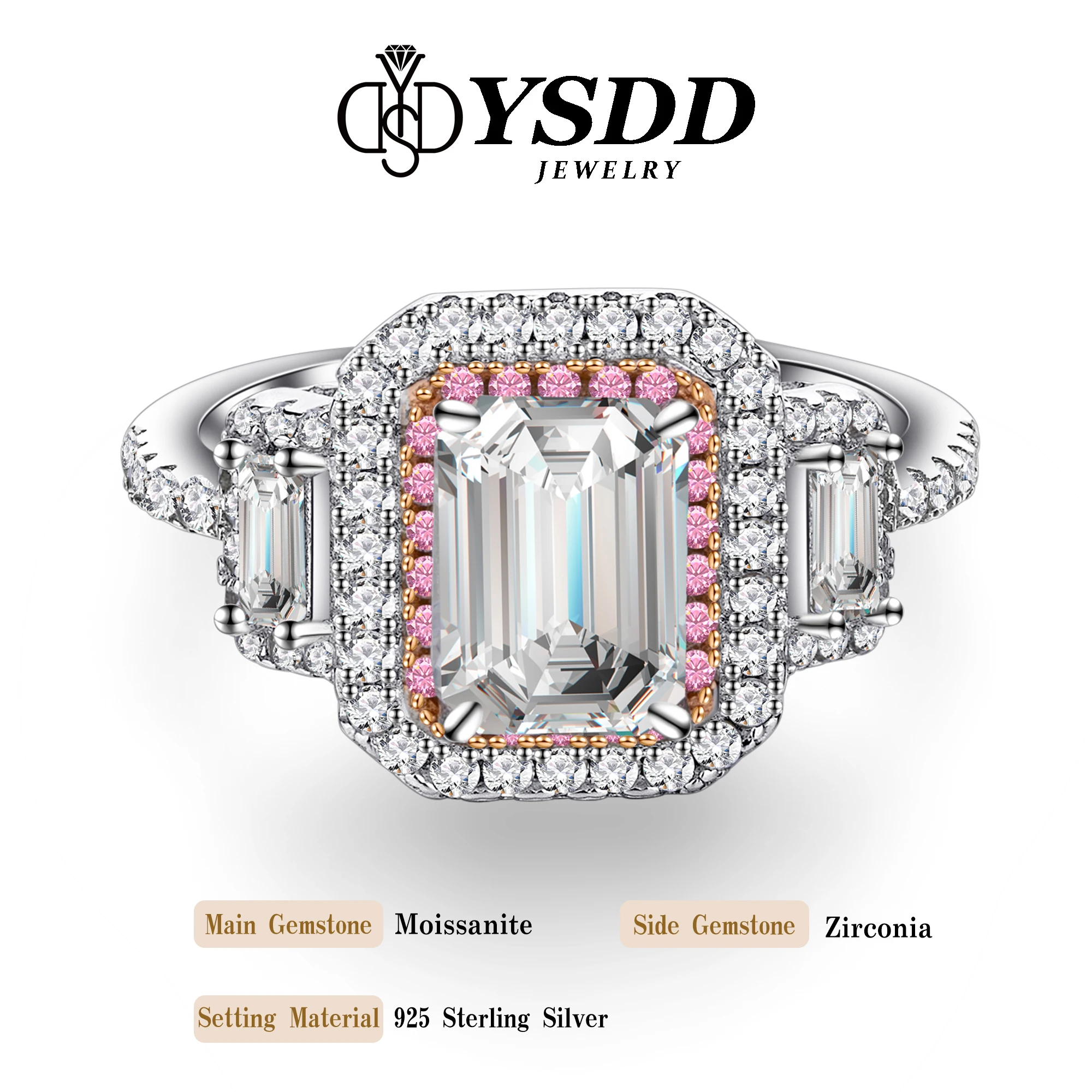 

#323 YSDD Genuine Fashion 925 Sterling Silver Deluxe 2 Carat Pink Zircon/Transparent Moissanite Women's Ring with Gift Box