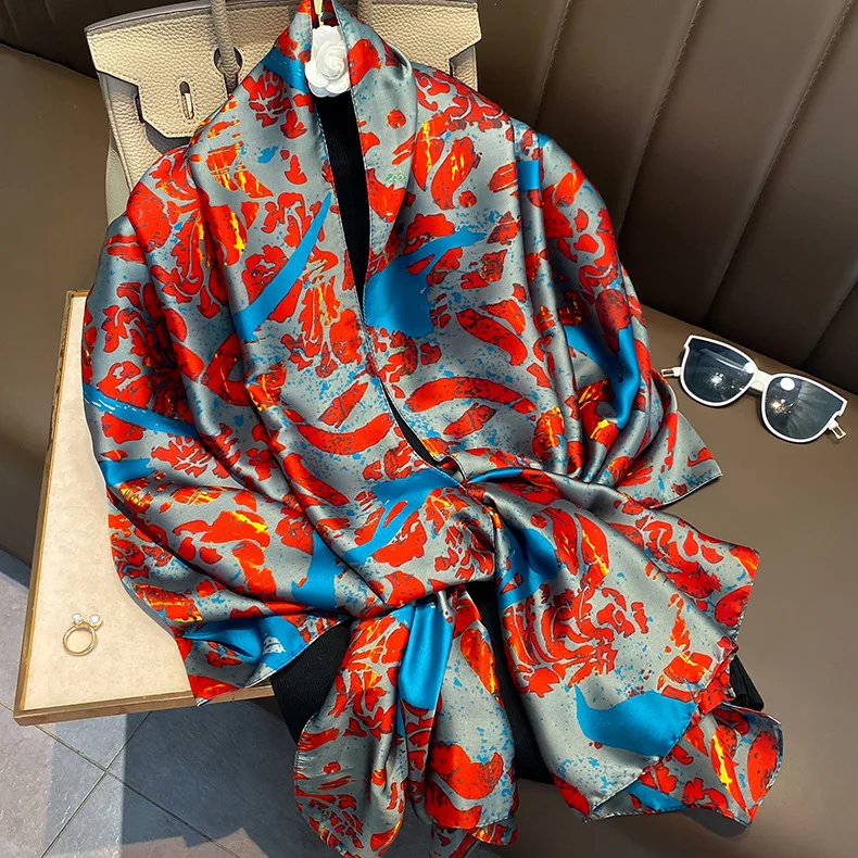 Large Silk Satin Scarf Hijab Women Print Spring Shawl Wrap Female Hand Foulard Pashmina Travel Echarpe 180*90cm printed scarf,silk scarf