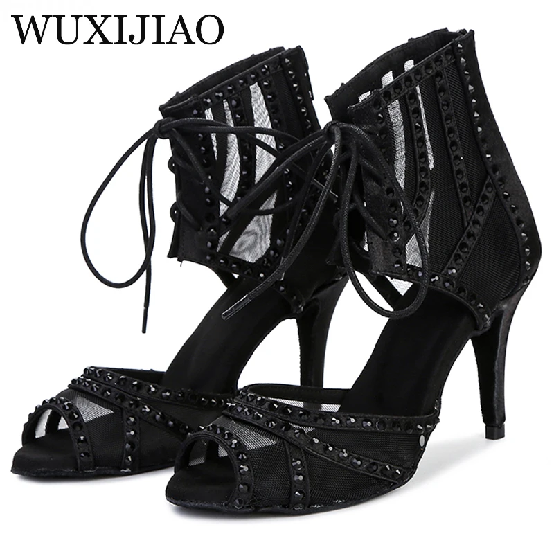 Women's Party Dance Shoes Black Shiny Rhinestone Soft Sole Latin Dance Shoes Black Salsa Shoes Heel 9cm