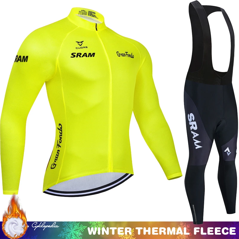Cycling Jersey Men SRAM Thermal Sets Fleece Man Men's Winter Suit Clothes Clothing Bicycle Mens Retro Jumper Outfit Termal