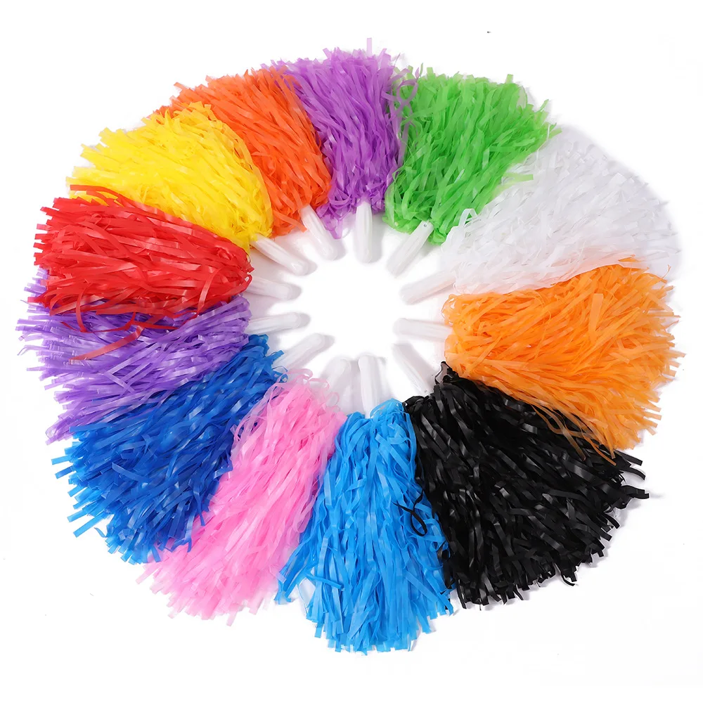 25g 50g 100g Plastic Handle Cheering Cheerleading Colorful Metallic Rainbow Pompoms Cheerleader Flower Foil Pom Poms