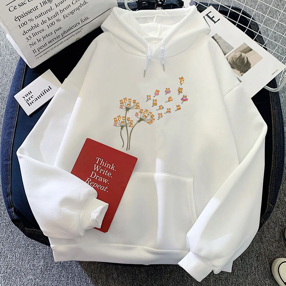 Cute Corgi Flower Hoodies Kawaii Cartoon Graphic Print Sweatshirts Casual Long Sleeve Women Cute Sudaderas Moletom Feminino Tops