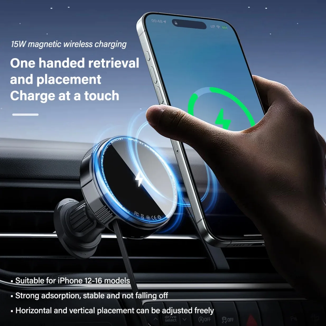 Car Magnetic Wireless Charger Built in 70cm Type C Cable Air Outlet Phone Holder For iPhone 16~12 Samsung Xiaomi Fast Charging