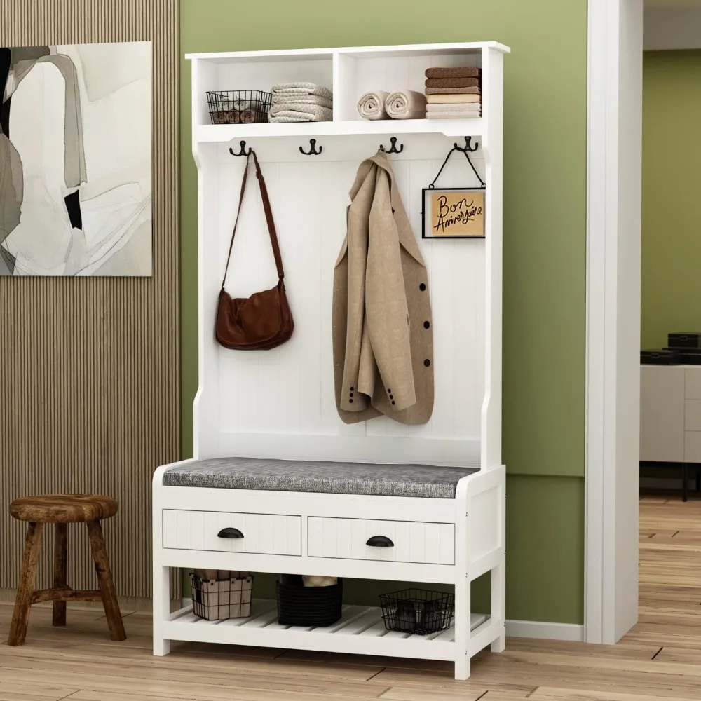 Modern Hall Tree with Storage Bench, 4-in-1 Entryway Bench with Coat Rack, Tall Hall Tree with 4 Metal Double Hooks, Shel 2