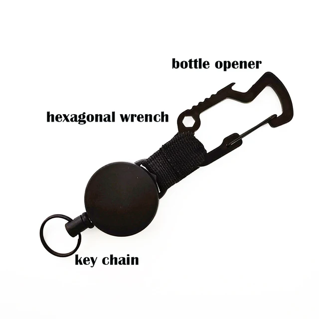 3 In 1 Retractable Badge Steel Wire Cord Pull Key Ring Portable Bottle Opener Hexagonal Wrench Carabiner Car Key Chain EDC Tool A