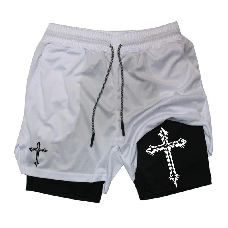 Cross Print 2 in 1 Workout Running Shorts for Men Christian Gym Athletic Shorts with Compression Liner Phone Pocket Towel Loop 2
