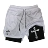 Cross Print 2 in 1 Workout Running Shorts for Men Christian Gym Athletic Shorts with Compression Liner Phone Pocket Towel Loop 2