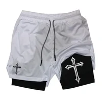 Cross Print 2 in 1 Workout Running Shorts for Men Christian Gym Athletic Shorts with Compression Liner Phone Pocket Towel Loop 2