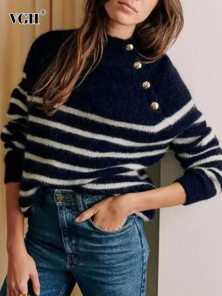 

VGH patchwork button casual knitting sweaters for women round neck long sleeve hit color striped pullover sweater female style