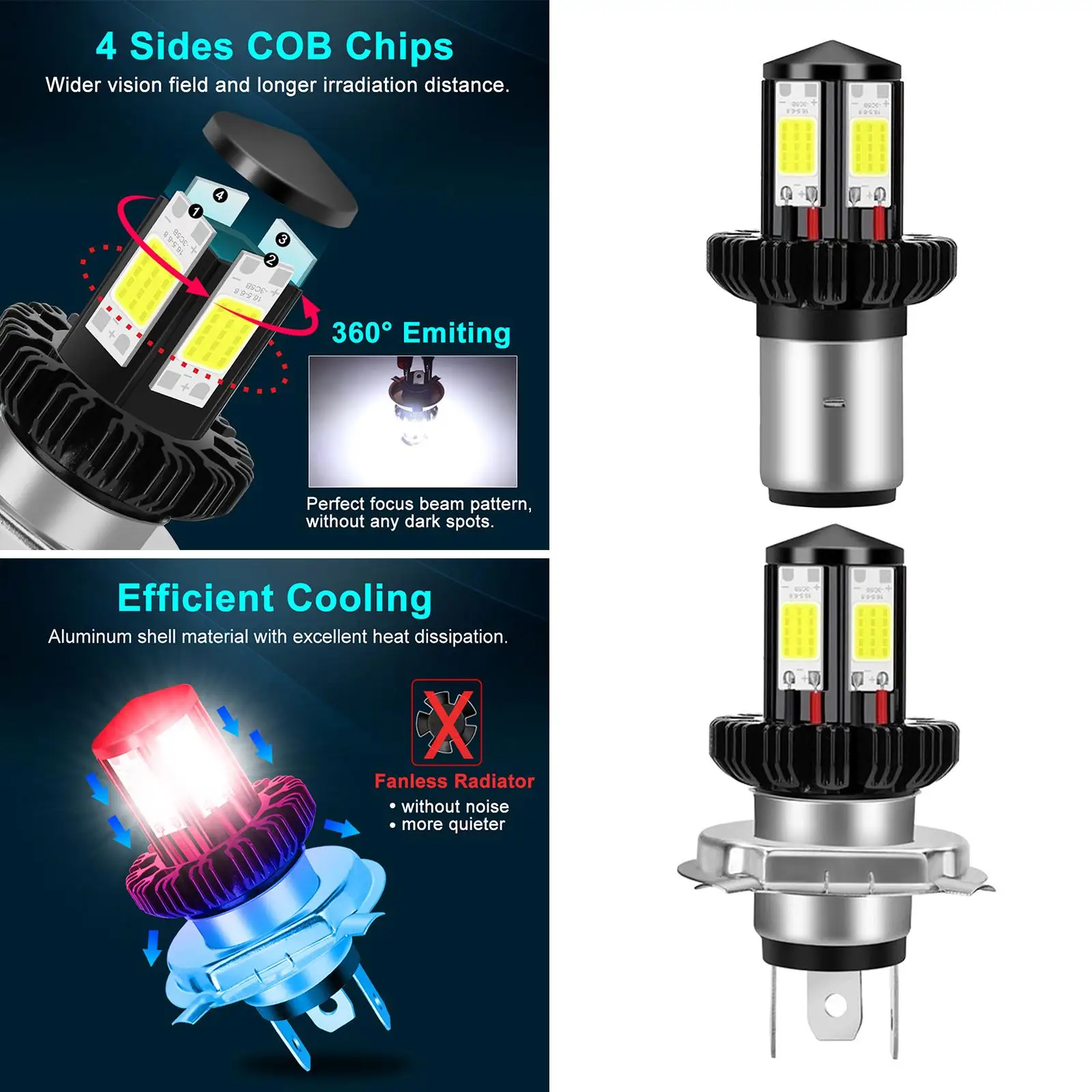 H4/ BA20D H4/ BA20Drcycle Headlight Bulbs Lamps LED, Plug-and-Play