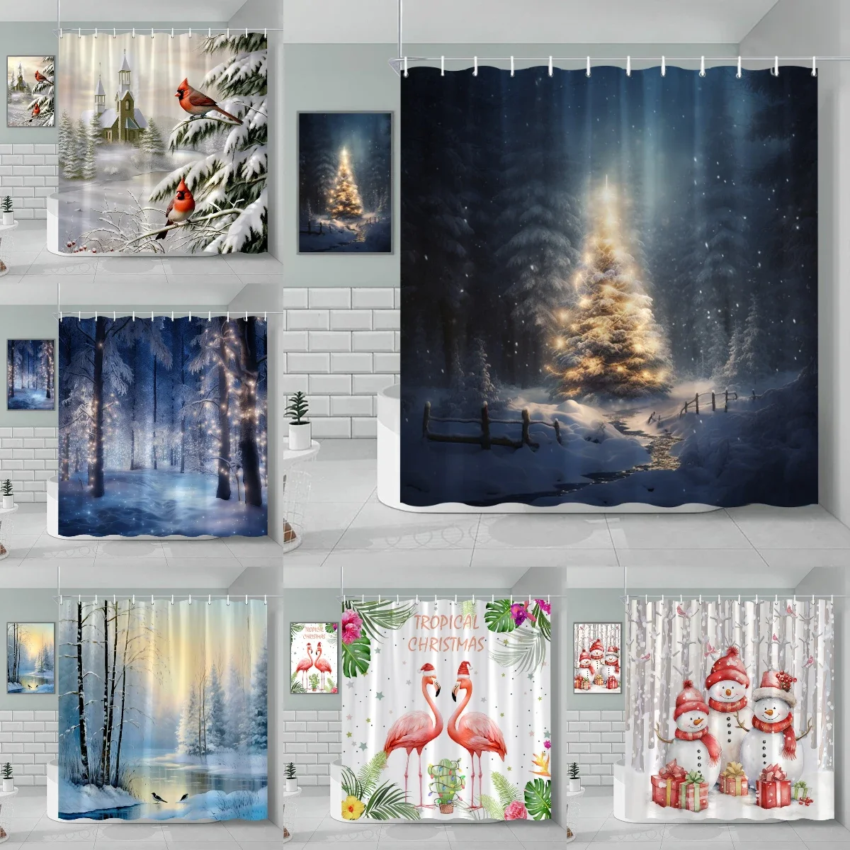 Farmhouse Christmas Horse Shower Curtain - Rustic Barn Animal Holiday Decor, 70x70 Inches