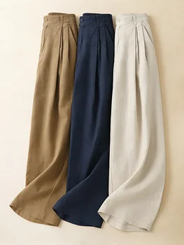 New 2026 Summer Wide Leg Pants Loose Fit High Waist Elastic Waist Linen Trousers for plus Size Women Vintage Style Casual Pants