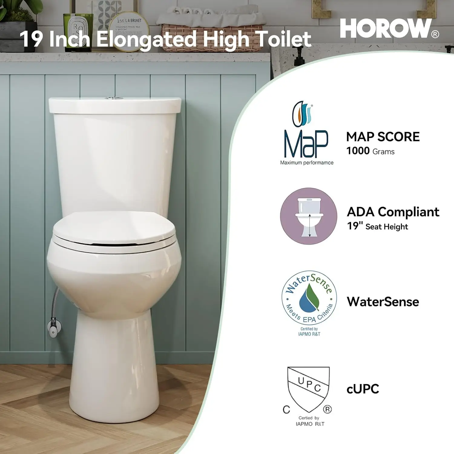 19 Inch Tall Toilets, Extra High Toilets with Comfort Chair Height Seat, 1.1/1.6 GPF Dual Flush Two-Piece Toilet, 12" Rough In 5