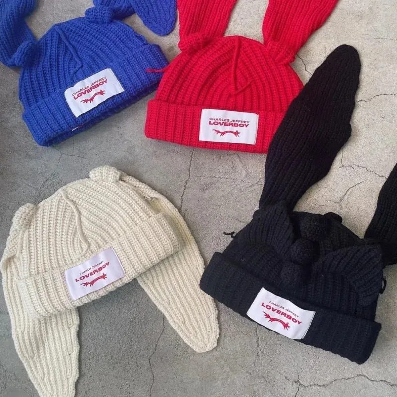 Winter Beanies Loverboy Long Ear Fox Knitted Hat Solid Warm
