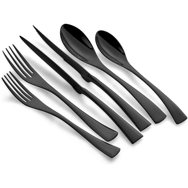 24-Piece Black Silverware Set with Steak Knives, Black Flatware Set for 4,  Food-Grade Stainless Steel Tableware Cutlery Set, Mirror Finished Utensil