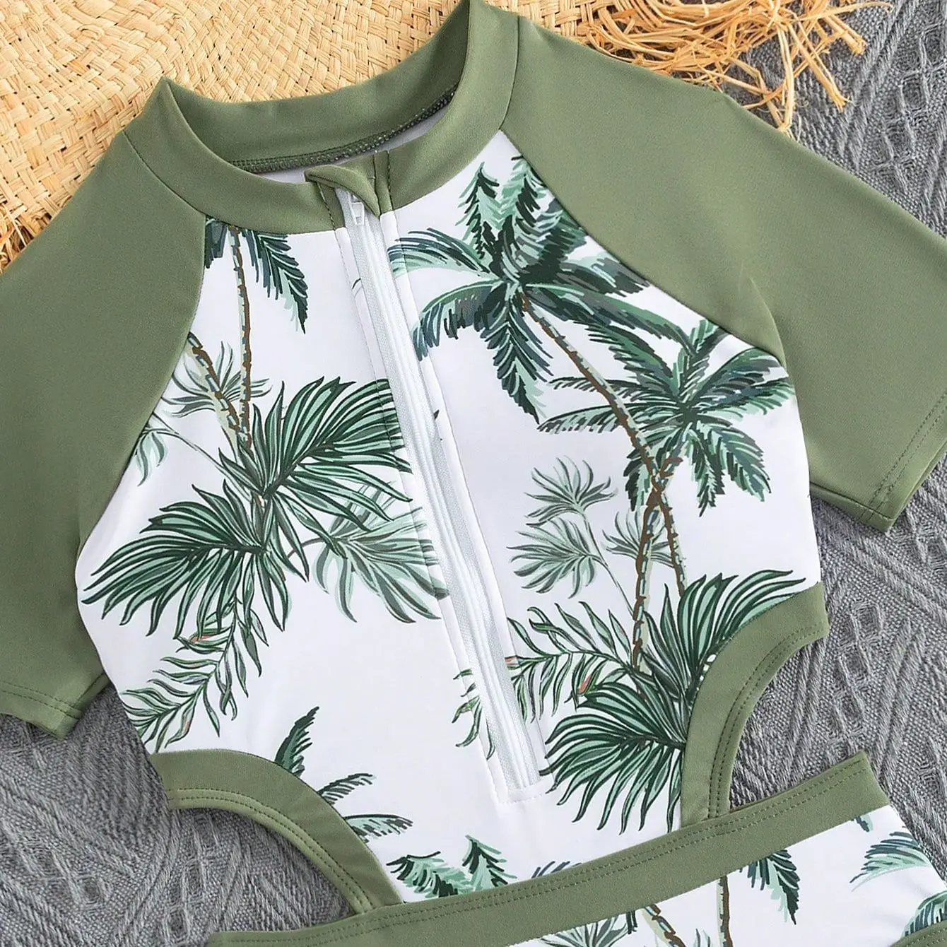 여아 비치 원피스 수영복, 어린이 수영복, 지퍼 서핑 슈트, 어린이 수영복, 2024 야자수 프린트, 목욕 세트, 7-12 세