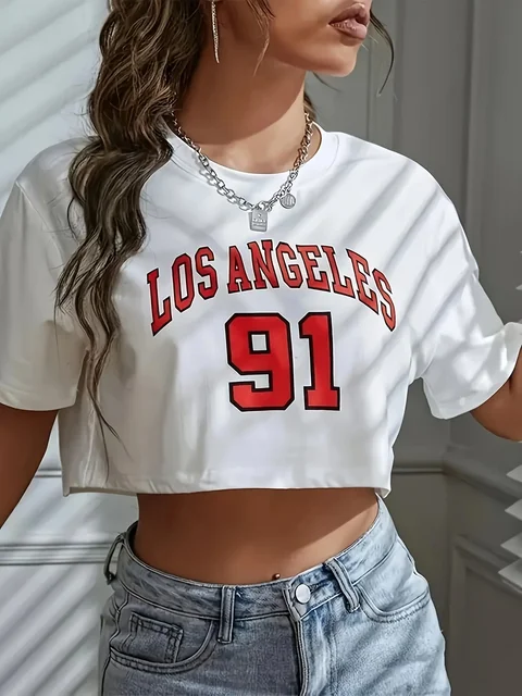 T Shirt Los Angeles Number 91 Brooklyn Graphic Round Neck Sports Crop T-shirt Casual Crop Top Women Cropped 5
