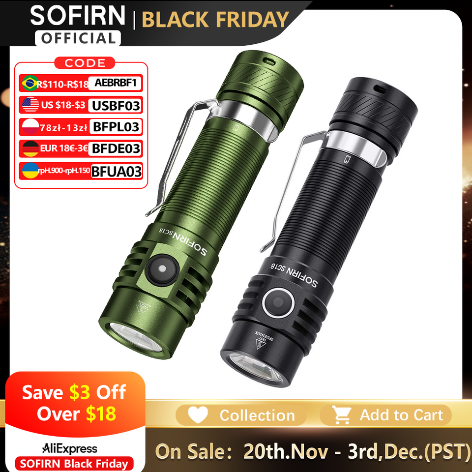  Sofirn SC18 1800lm EDC Flashlight USB C Rechargeable SST40 LED 18650 Torch TIR Optics Lens Lantern with Power indicator 