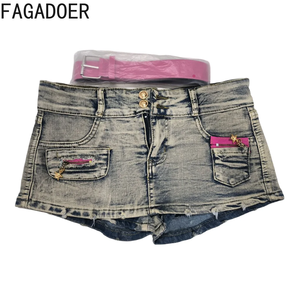 FAGADOER Fashion Streetwear Y2K  Women Low Waisted Denim Shorts Female Solid Cowboy Jean Sexy Female Matching Bottoms With Belt