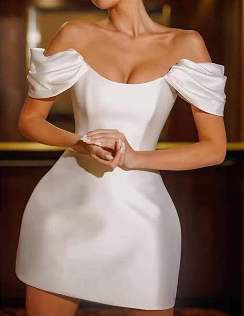 Short White Wedding Dress Satin Off The Shoulder Homecoming Dresses For Teens Mini Low Cut Cocktail Dress A Line Party Gowns 5