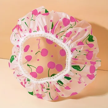 Simpatico cuffia da doccia con stampa ciliegia/cuore, cappello da bagno regolabile con fascia elastica, forniture per il bagno 1