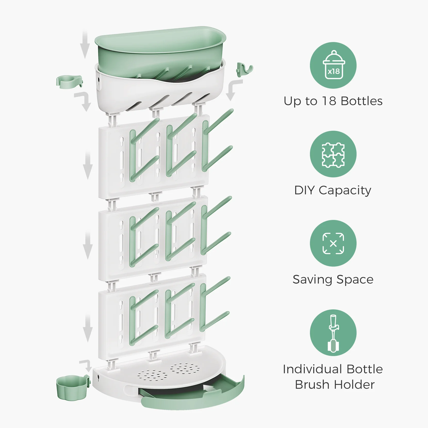 Momcozy DIY Larger Bottle Drying Rack for 18 Bottles, Baby Accessories & Pump Parts, with Brushes Holder, Vertical, Detachable
