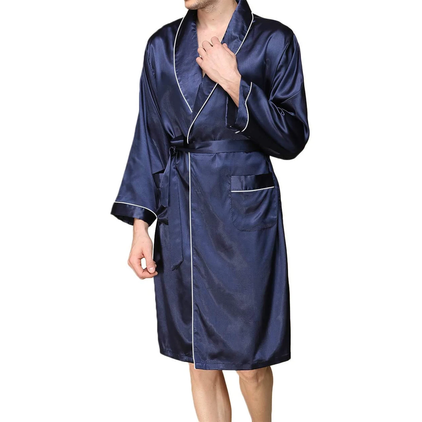 Men Satin Bathrobe with Belt Adults Contrast Color Long Sleeve V-neck Night Robe with Pockets S/M/L/XL satin couple robes