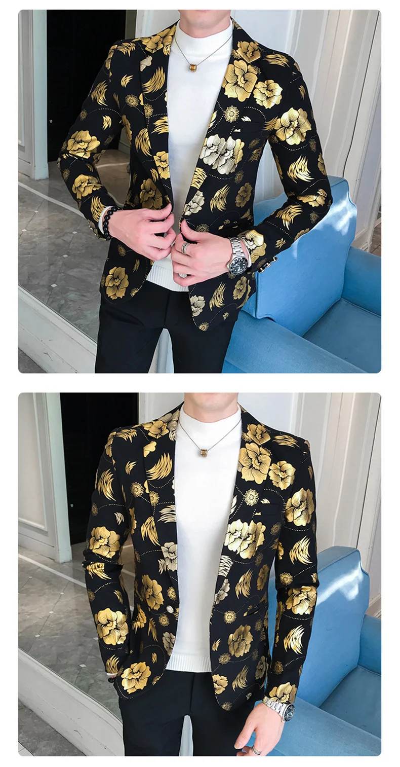 Printed Floral Blazers Mens Night Club Outfits Gold Rose Bomber Jackets Dress Jackets Blazer Masculino Chaqueta Hombre Formal sport coat