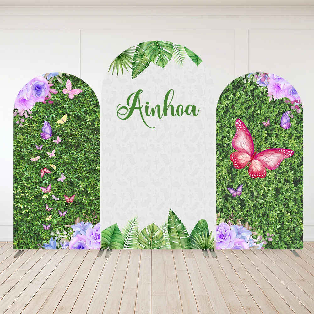 

Green Grass Wall Butterfly Baby Shower Arch Backdrop for Kids Customize Name Kids Birthday Decoration Background Banner