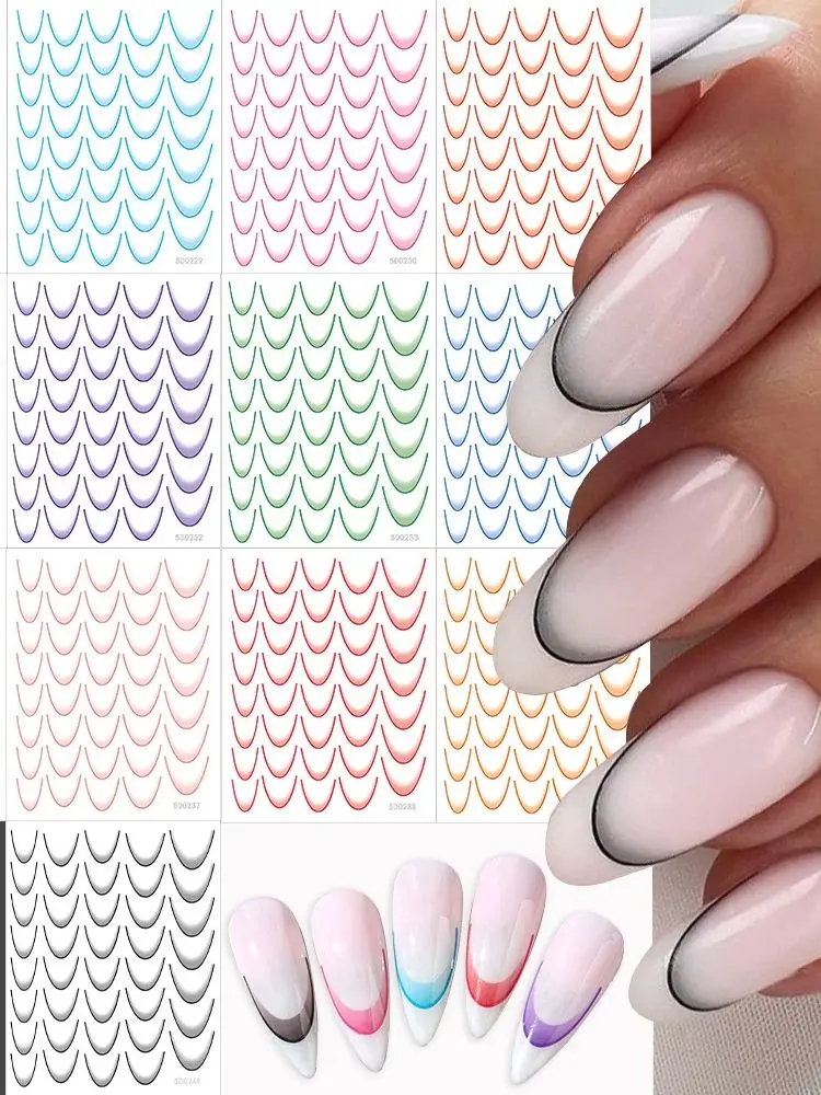 5D Black/White Smile Line Design Nail Decals French Gradient Nail Sticker Self-Adhesive Tips Guides Decor 14pcs/Set