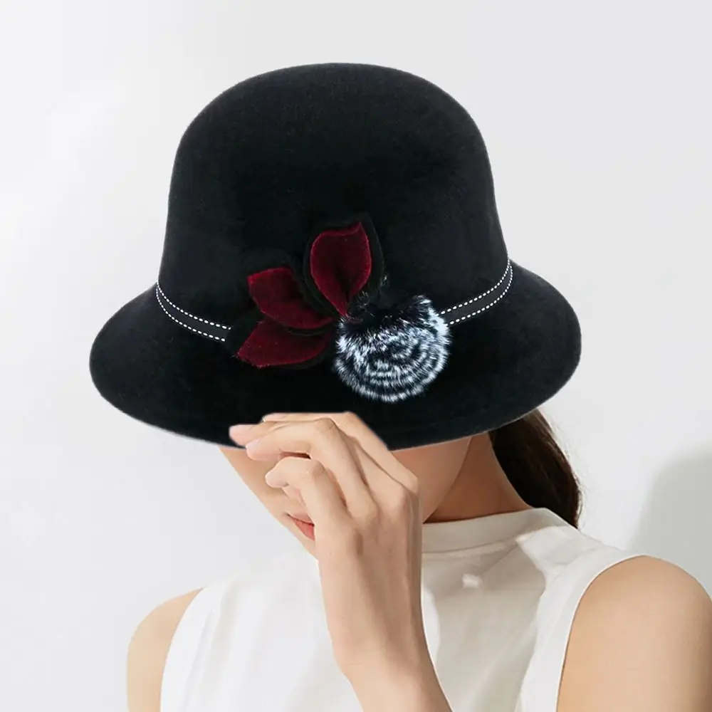 Autumn Winter Imitation Mink Fur Basin Hat Elegant Ladies Fedoras Cap With Flower Vintage Dome Hat Outdoor Sun Hat Wool Hats
