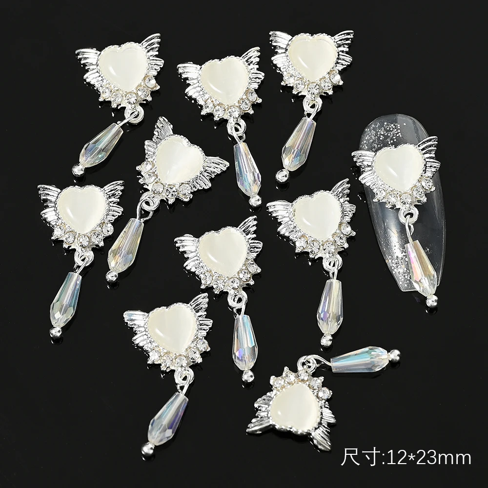 

10pcs Dangle Design Heart Zircon Nail Art Charms Alloy Gold/Silver Pendant Luxury Jewelry Rhinestone For Nail Decoration
