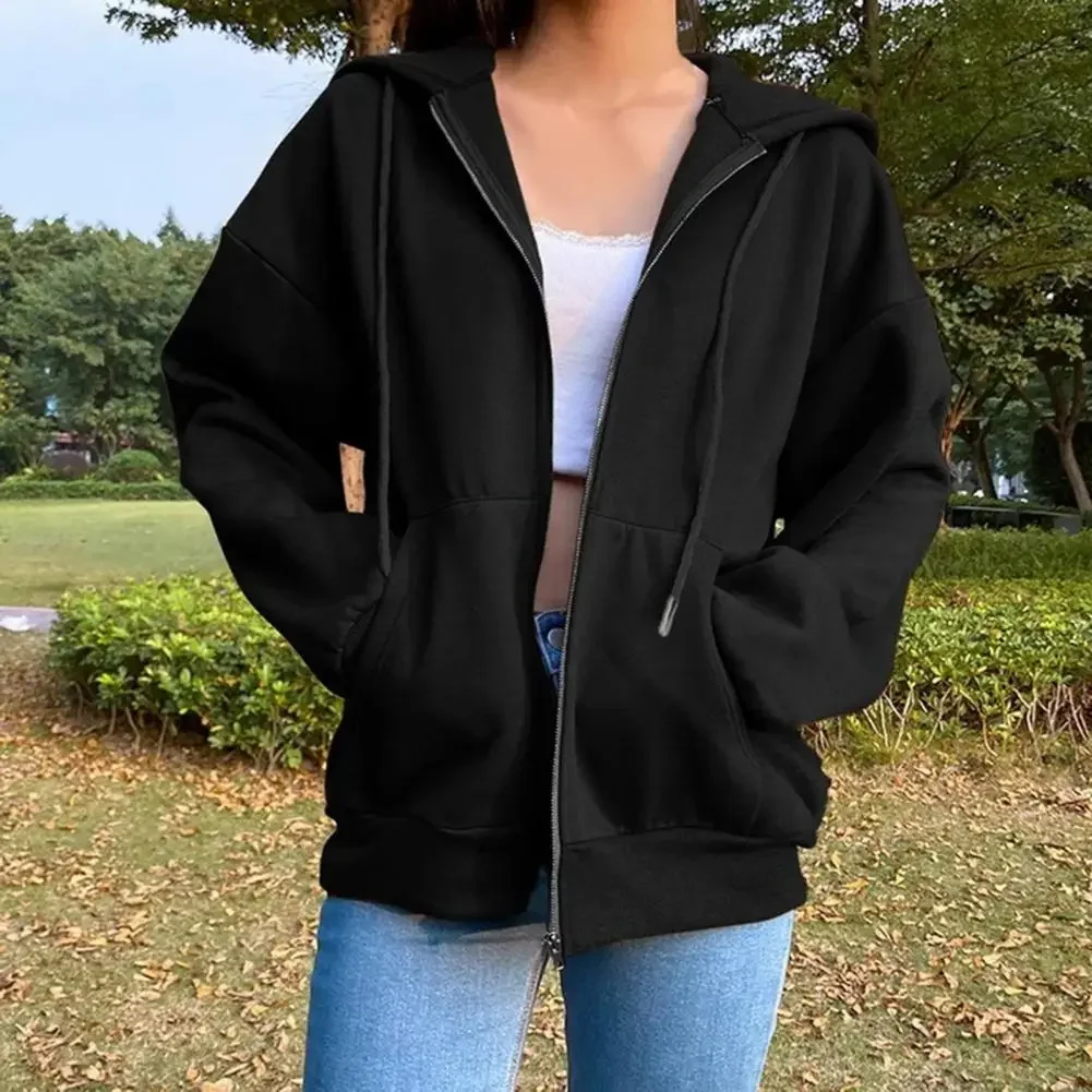 Warm Lightweight Coat Hooded Drawstring Jacket Coat for Men Women with Zipper Placket Pockets Loose Fit Sweatshirt Outwear Long 6