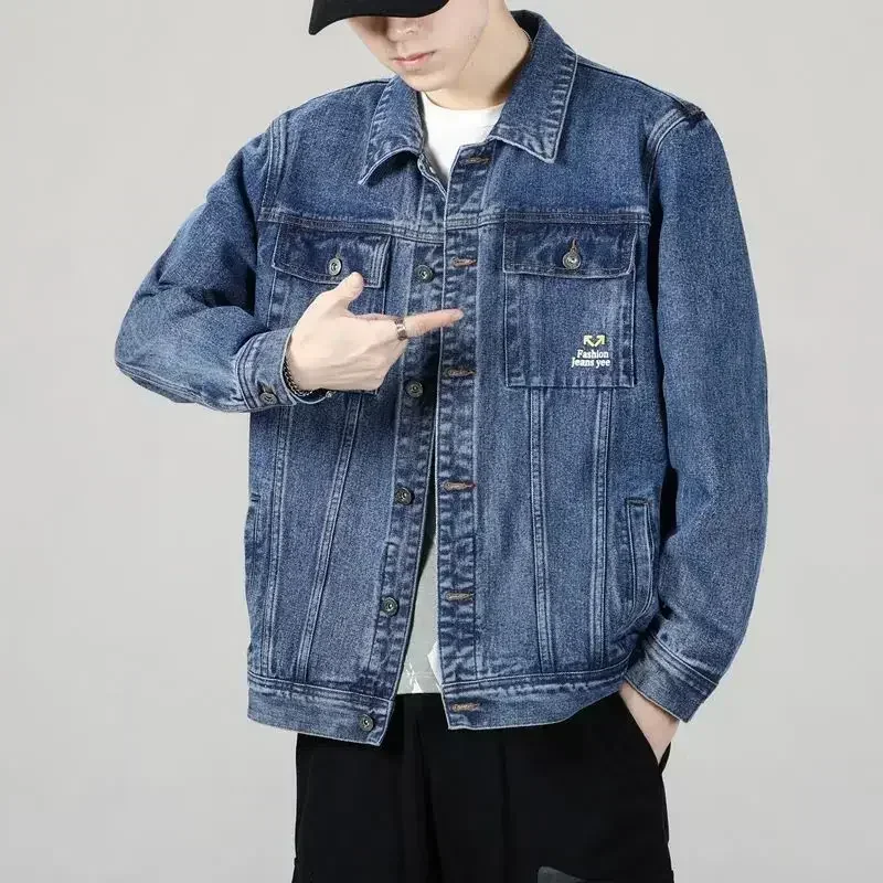 thumbnail image 1 of Chaqueta vaquera azul con botones para hombre, otoño, color negro, con bordado, abrigo vaquero para hombre, estampado, talla grande, ropa de abrigo de alta calidad, talla L, nueva en talla grande, 1 of 5