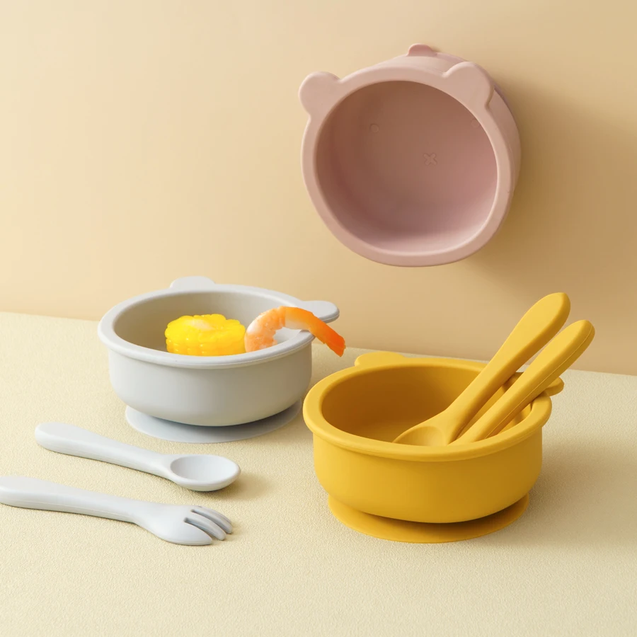 3Pcs/1Set BPA Free Silicone Bear Dishes For Baby Baby Feeding Sucker Bowl Tableware Waterproof Spoon Non-Slip Crockery Bowl 3