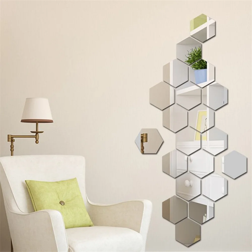 12Pcs Reflective Hexagon Mirror Sheets Self-Adhesive Mirror Tiles