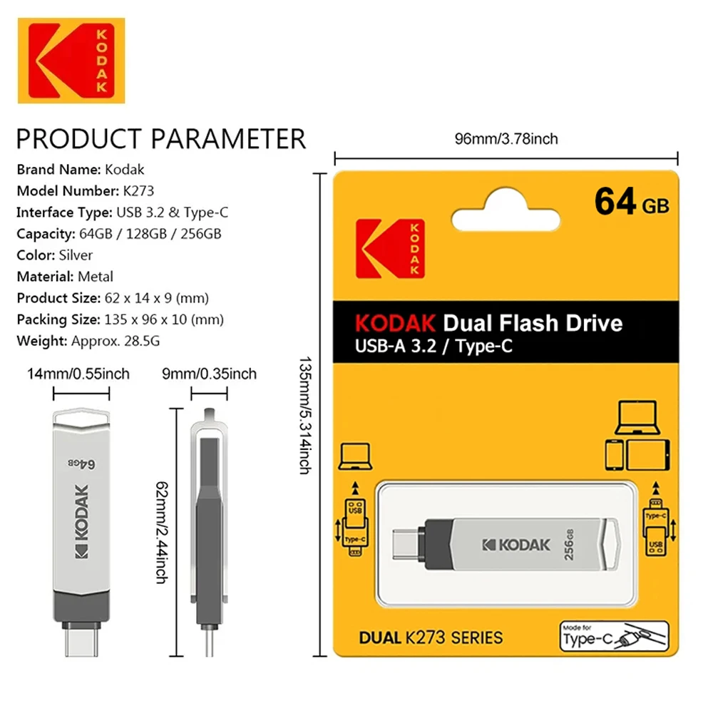 KODAK K273 USB3.2 유형 C 듀얼 플래시 드라이브 256GB 128GB 64GB 펜드라이브 고속 금속 회전식 휴대폰 노트북용
