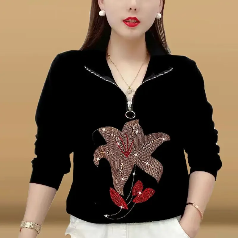 

Spring Autumn Women Vintage Long Sleeve T-shirt Korean Fashion New Female Clothing Floral Sequin Zipper V-Neck Loose Casual Tops