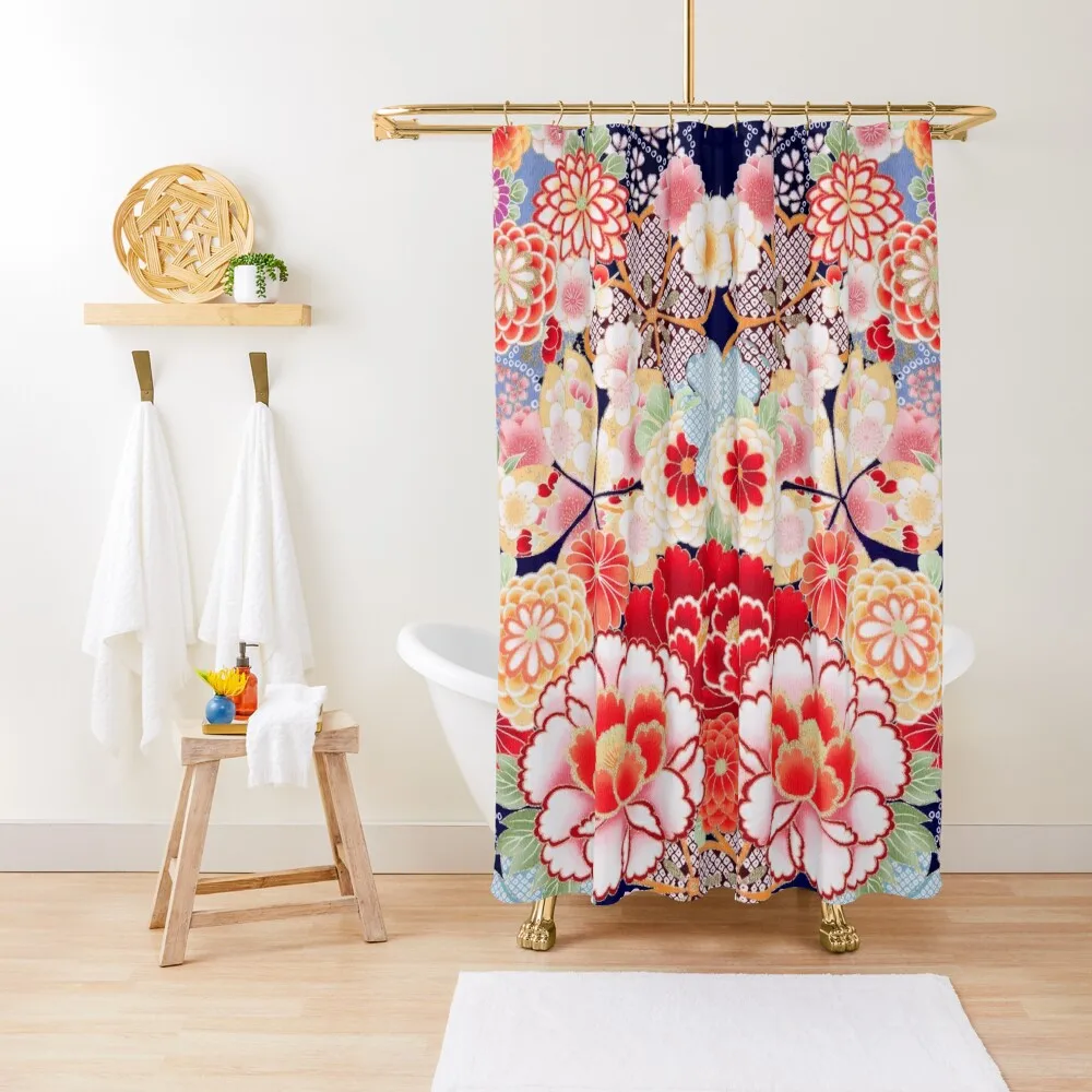 

ANTIQUE JAPANESE FLOWERS Pink White Wild Roses Kimono Style Floral Shower Curtain Set For Bathroom