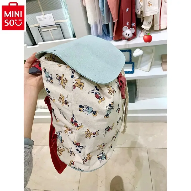 MINISO Disney cartoon Mickey print large capacity drawstring backpack for students, fashionable and high-quality canvas backpack