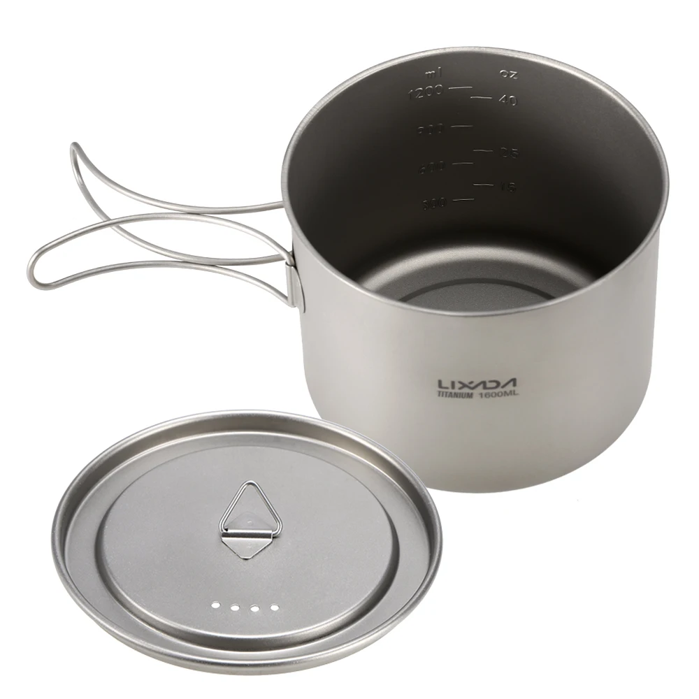 Lixada 1600ml Titanium Pot Ultralight Portable Hanging Pot with Lid and Foldable Handle Outdoor Camping Hiking Backpacking 3