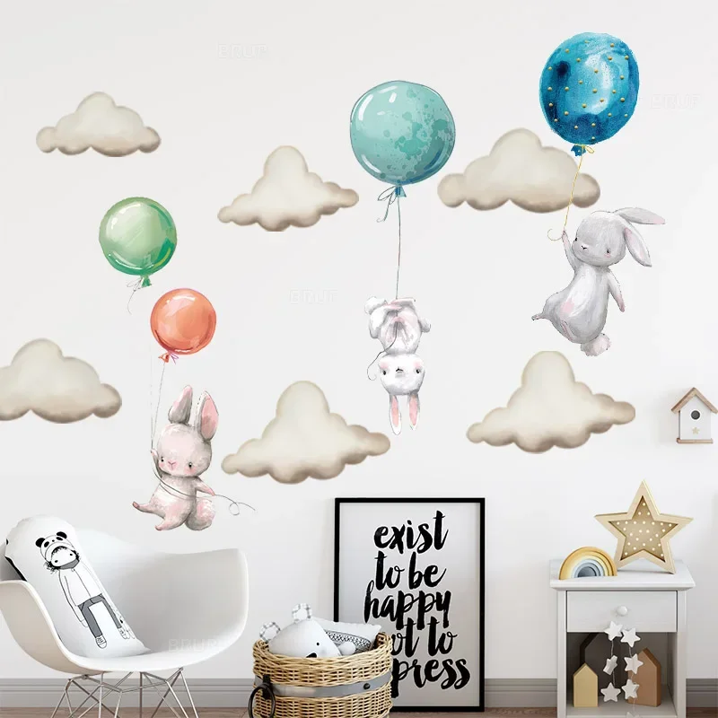 Watercolor Balloon Bunny Wall Stickers Kids Room Decor self adhesive wall stickers