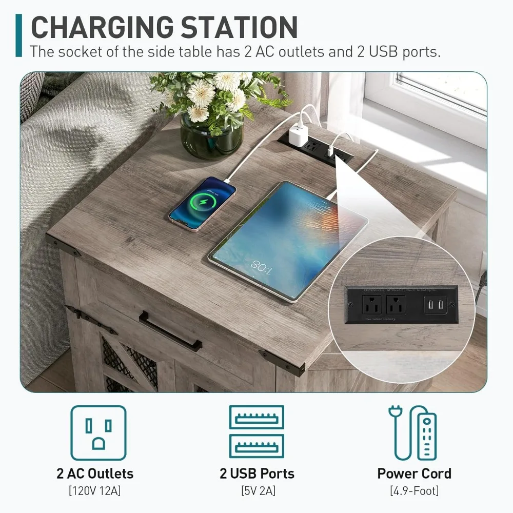 Farmhouse End Table with Charging Station, 24" Large Sofa Side Table with Drawer 4
