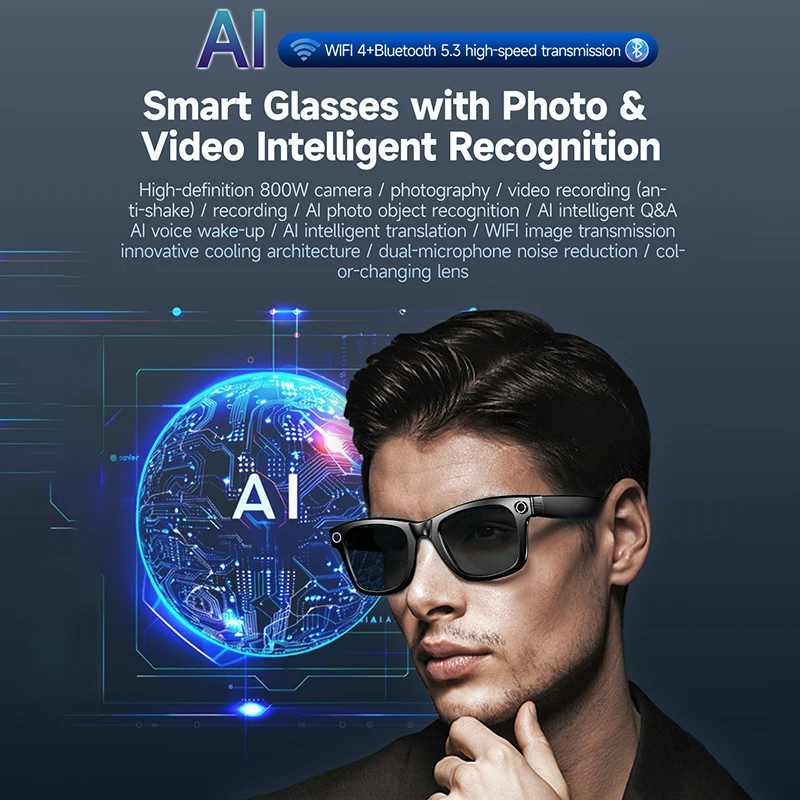 Nuovi Occhiali Smart 2026 con Fotocamera HD da 800W, Registrazione Video, Chiamate Wireless con AI, Funzione Q&A AI e Traduzione Intelligente AI - immagine 2