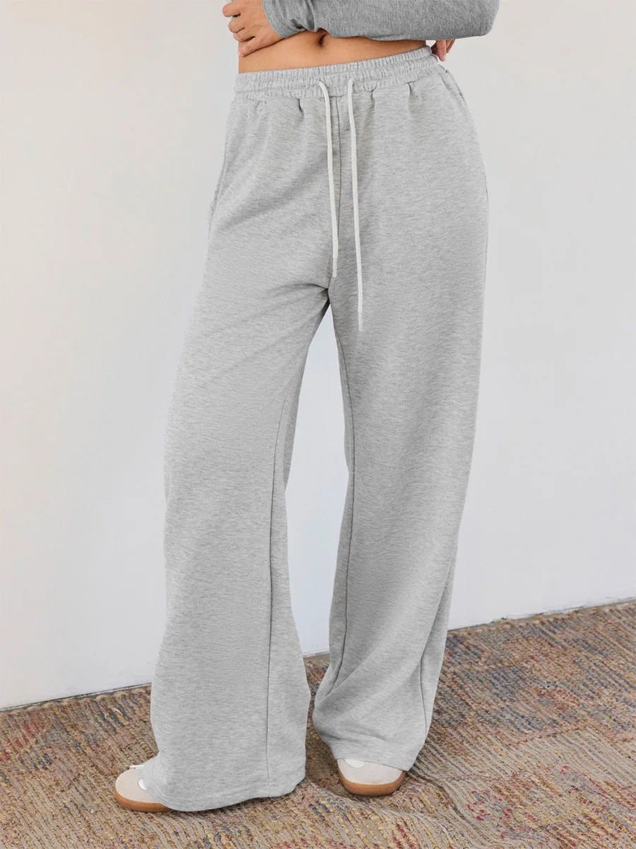 Bornladies New Autumn Women's Comfortable Grey Pants Drawstring Wide Leg Sweatpants Loose Fit Daily Casual Long Trousers