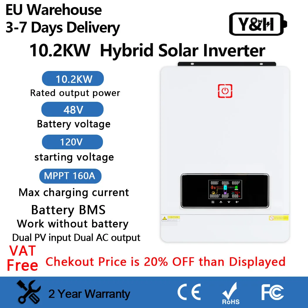 Y&H 10.2KW Hybrid Solar Inverter 48V 230V Dual MPPT 160A Max PV 500V Pure Sine Wave Inverter Solar Charge Controller