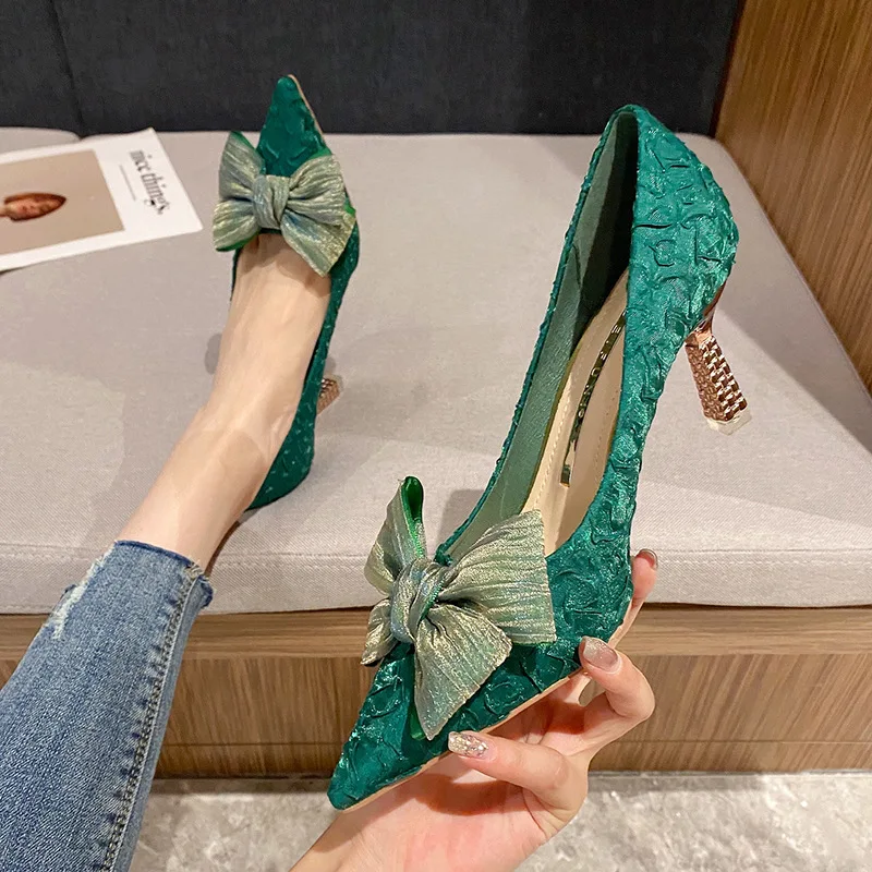 

2023 Fashion Pumps For Women Office Shoes 7.5cm High Heels Satin Pointed-toe Bow Womans Party Heeled Shoes Female Wedding Shoes
