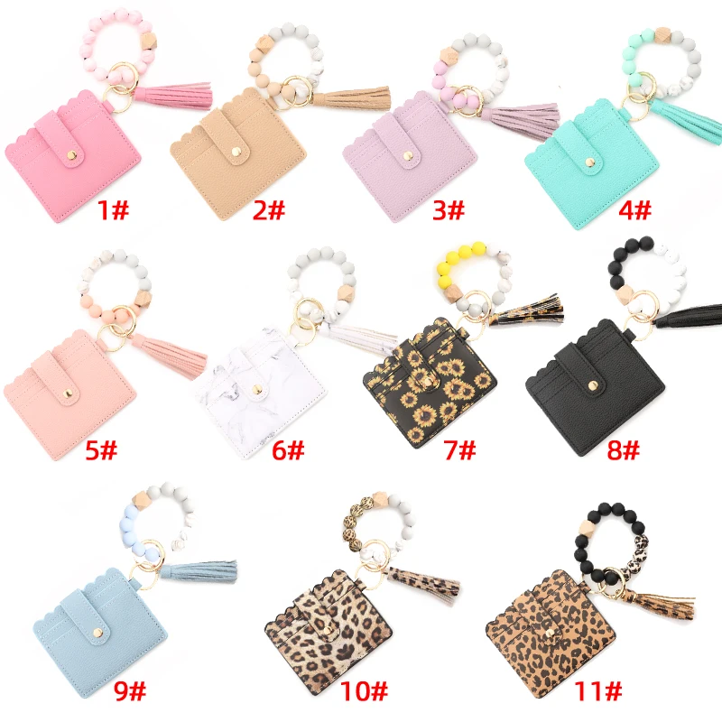 Silicone Bead Bracelet Solid Leather Card Bag Wristlet Keychain Silicone Beaded Bracelet Leather Tassel Wallet Bangle images - 6